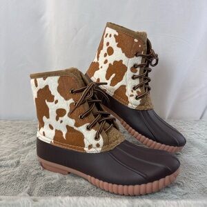Simply Southern Cow Print Lace Duck Rain Boots Brown Size 7 Faux Cowhide Fleece